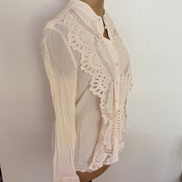 Reiss 2 Embroidered detailed Cream Blouse fancy collar button front long sleeve - Picture 7 of 9